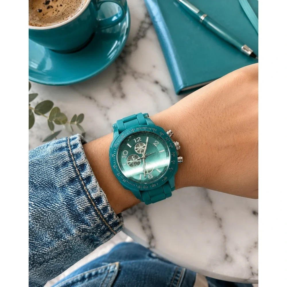 Geneva Womens 7842 Chronograph Style Watch Teal Silicone Band Japan Movt